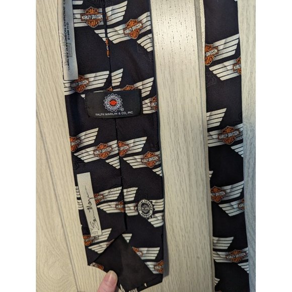 Mens RM Ralph Marlin Style 1996 Harley Davidson NeckTie Black Orange Logo Graphi - Picture 3 of 4
